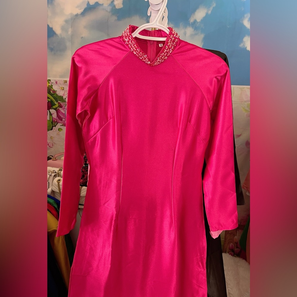 Ao dai lua Valentino, New Vietnamese traditional long dress set pink 2 m medium